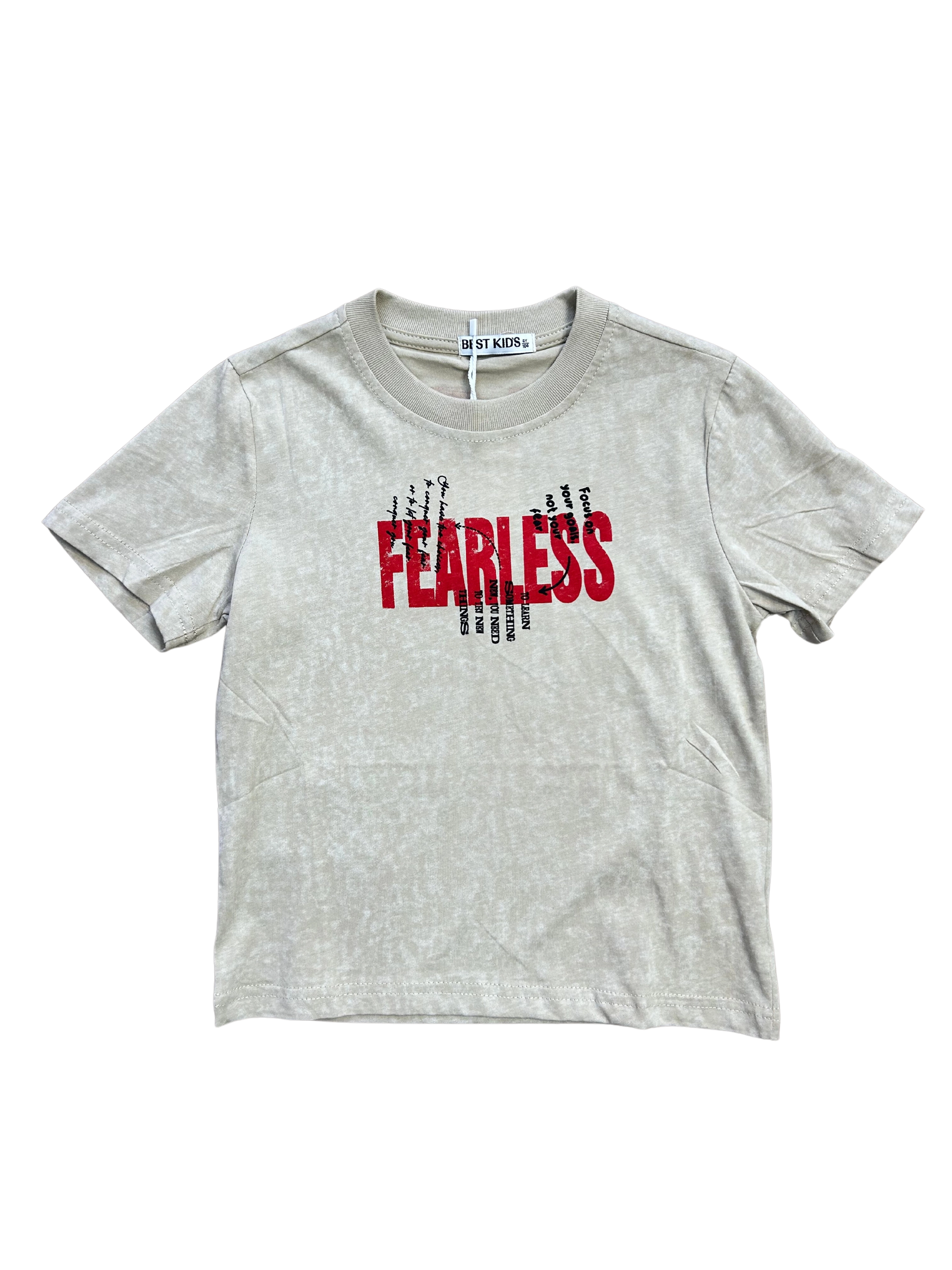 t-shirt beige delavata con stampa rossa per bambino 