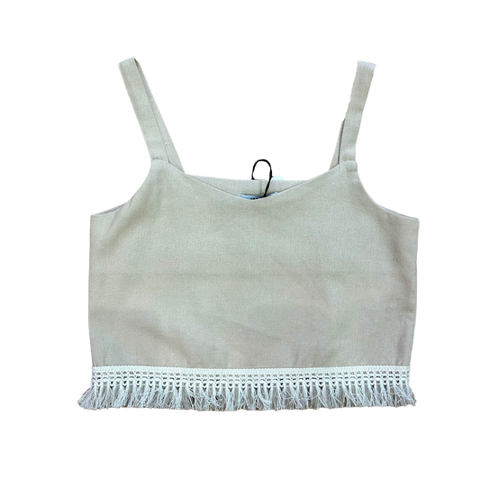 Top misto lino con frange